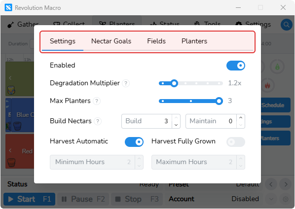 Auto-Planters modal with Settings and Nectar Goals tabs