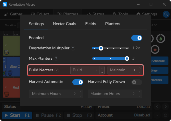 Auto-Planters Settings with Build Nectars and Maintain Nectars