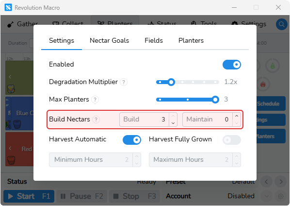 Auto-Planters Settings with Build Nectars and Maintain Nectars