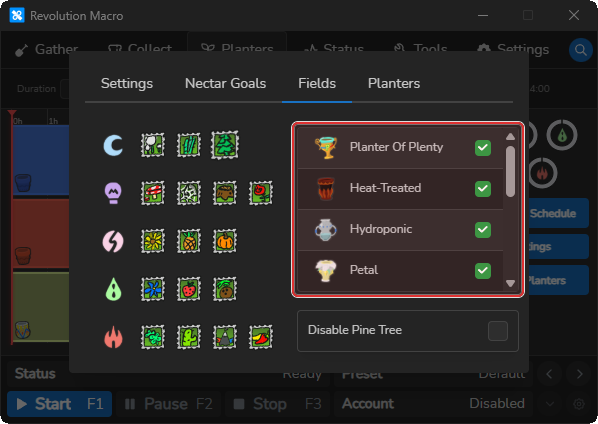 Auto-Planters Fields tab with field selected and planter restrictions