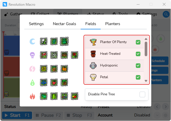 Auto-Planters Fields tab with field selected and planter restrictions