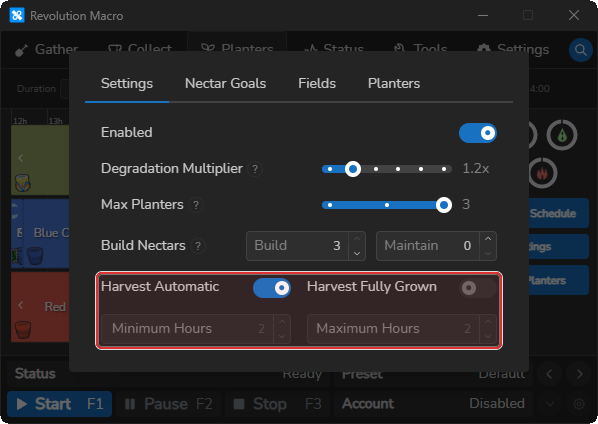 Auto-Planters Settings with Harvest Automatic and Minimum Maximum Hours