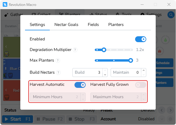Auto-Planters Settings with Harvest Automatic and Minimum Maximum Hours