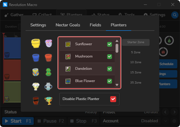 Auto-Planters Planters tab with planter selected and field restrictions