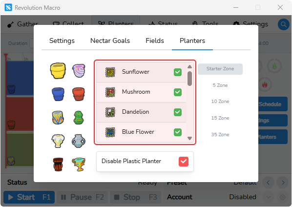 Auto-Planters Planters tab with planter selected and field restrictions
