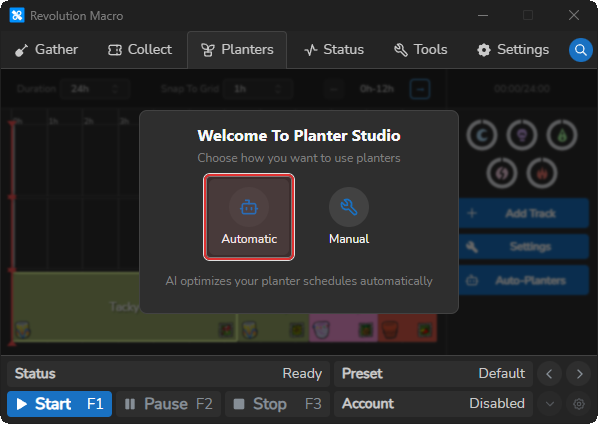 Welcome To Planter Studio dialog offering Automatic and Manual