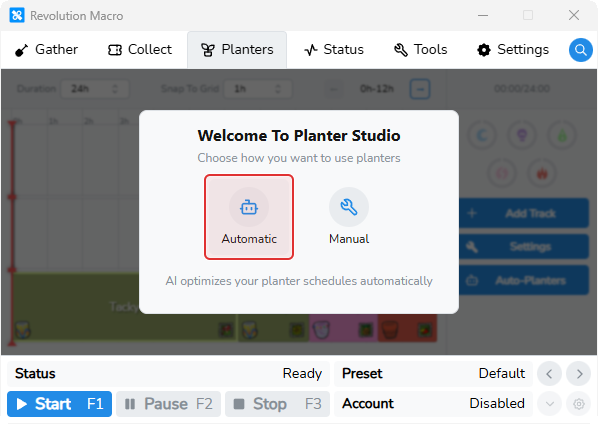 Welcome To Planter Studio dialog offering Automatic and Manual