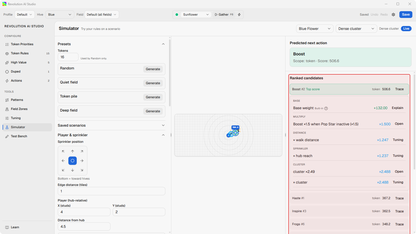 Simulator Dense cluster with Trace open on the Top score candidate