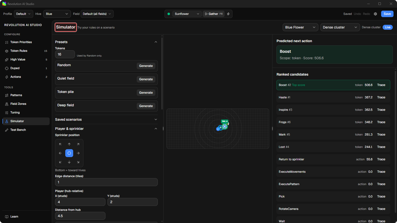 Simulator with Dense cluster Scenario preset chosen