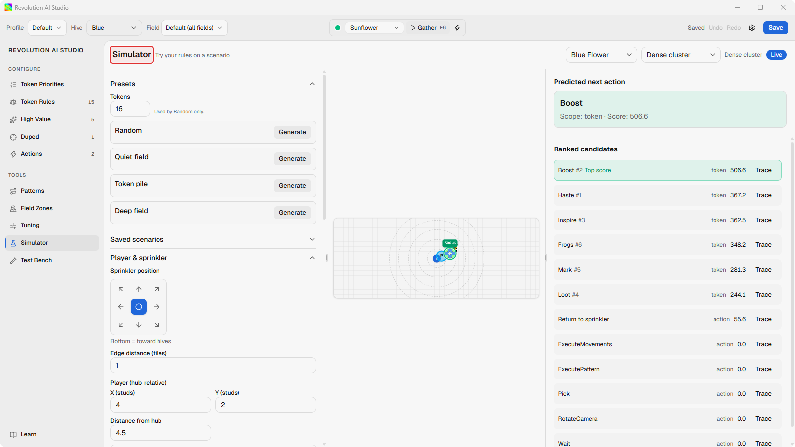 Simulator with Dense cluster Scenario preset chosen