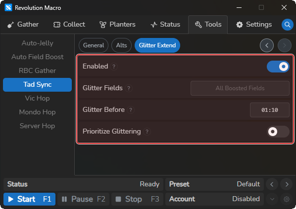 Tad Sync Glitter Extend controls on Main