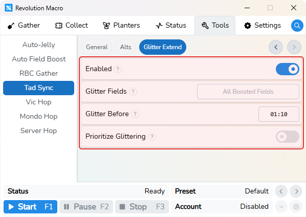 Tad Sync Glitter Extend controls on Main