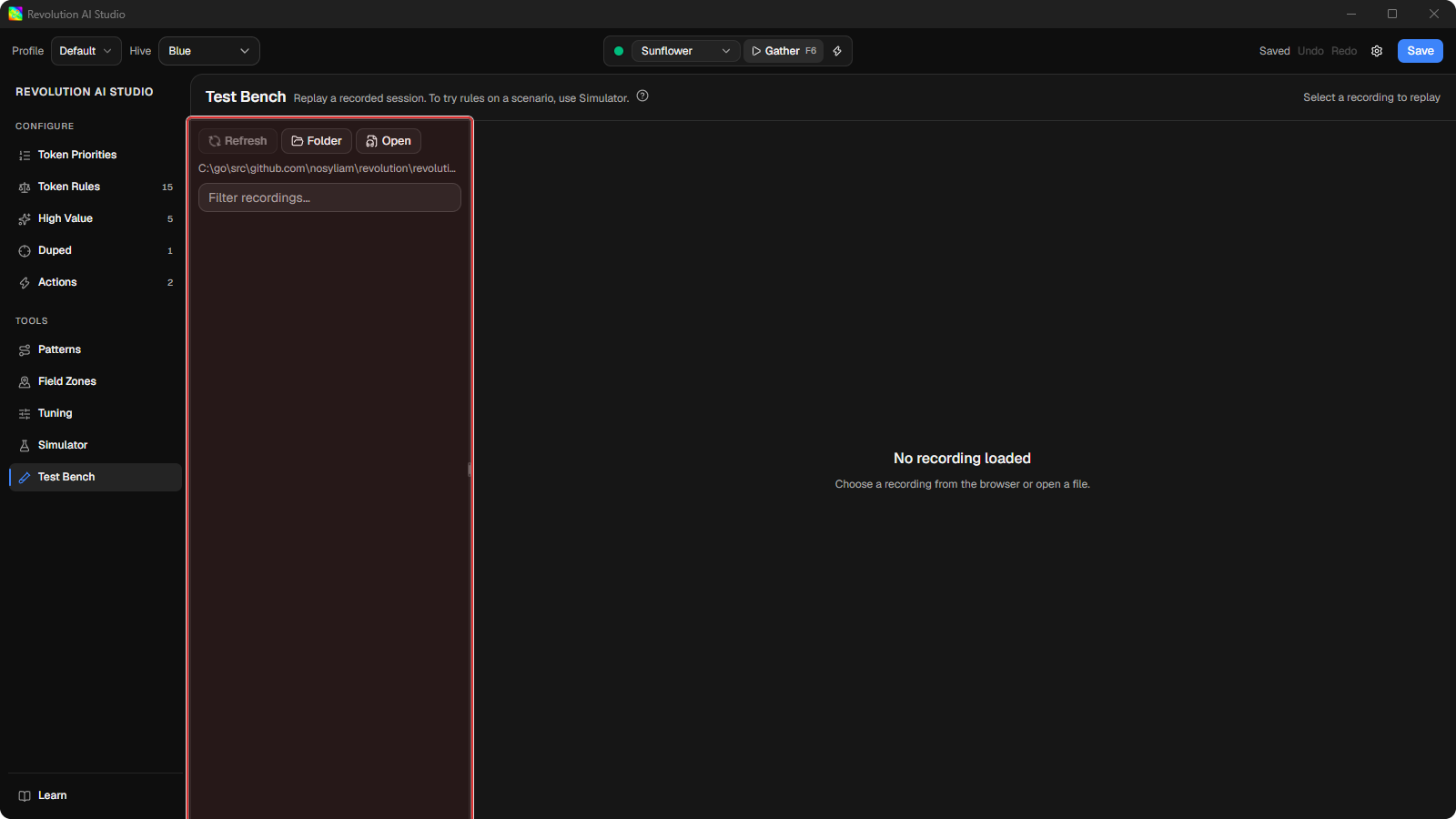 Test Bench empty with Select a recording to replay