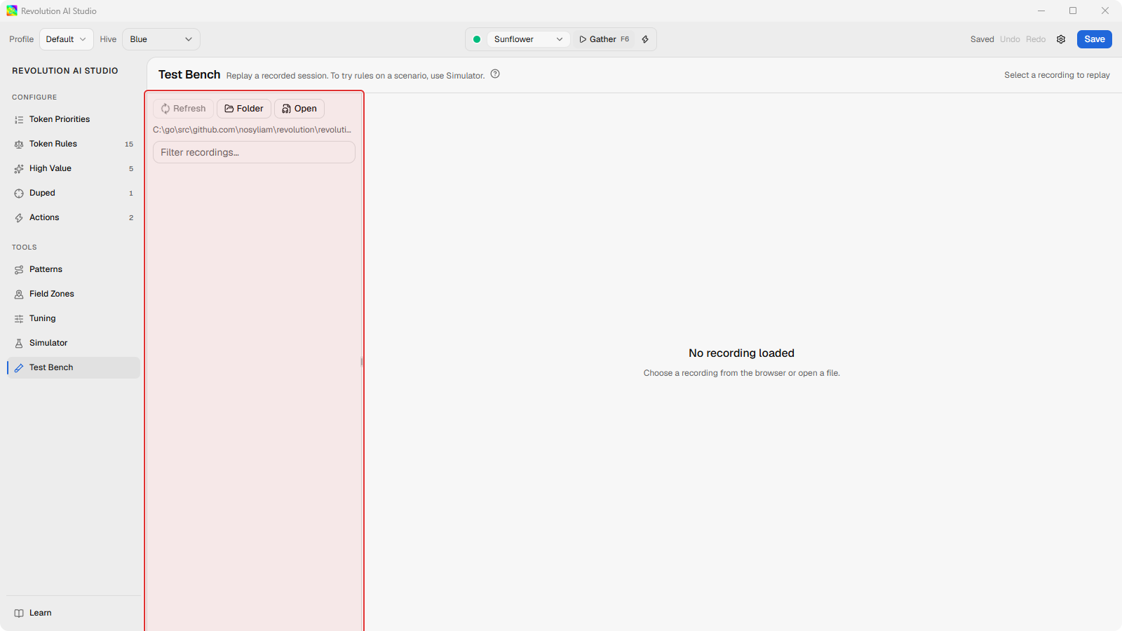 Test Bench empty with Select a recording to replay