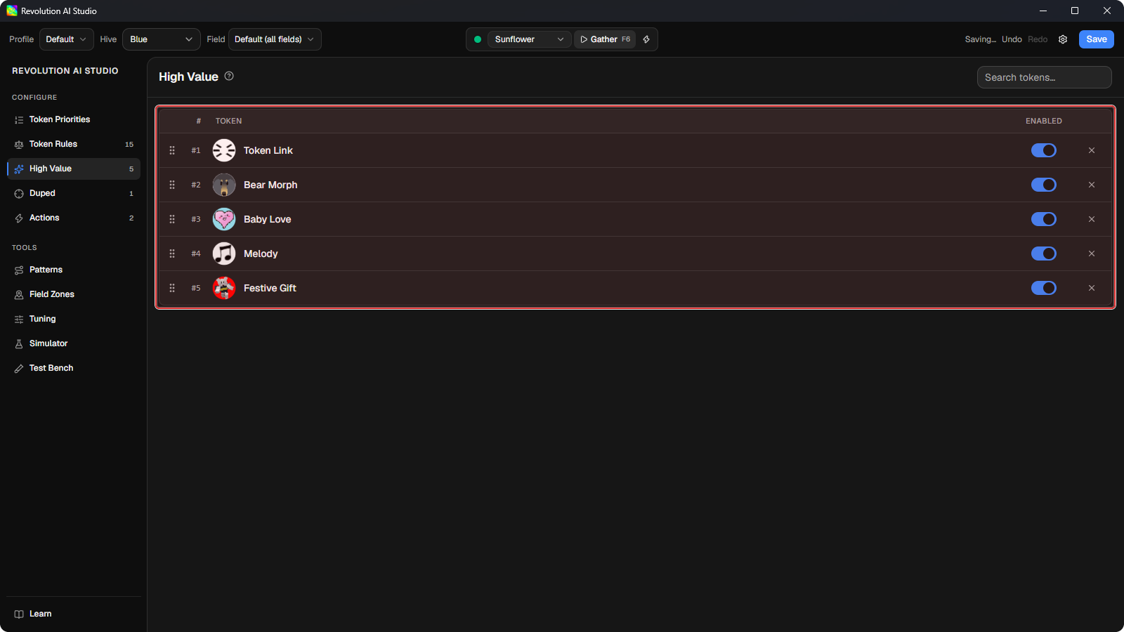 High Value page showing ordered tokens with drag handles