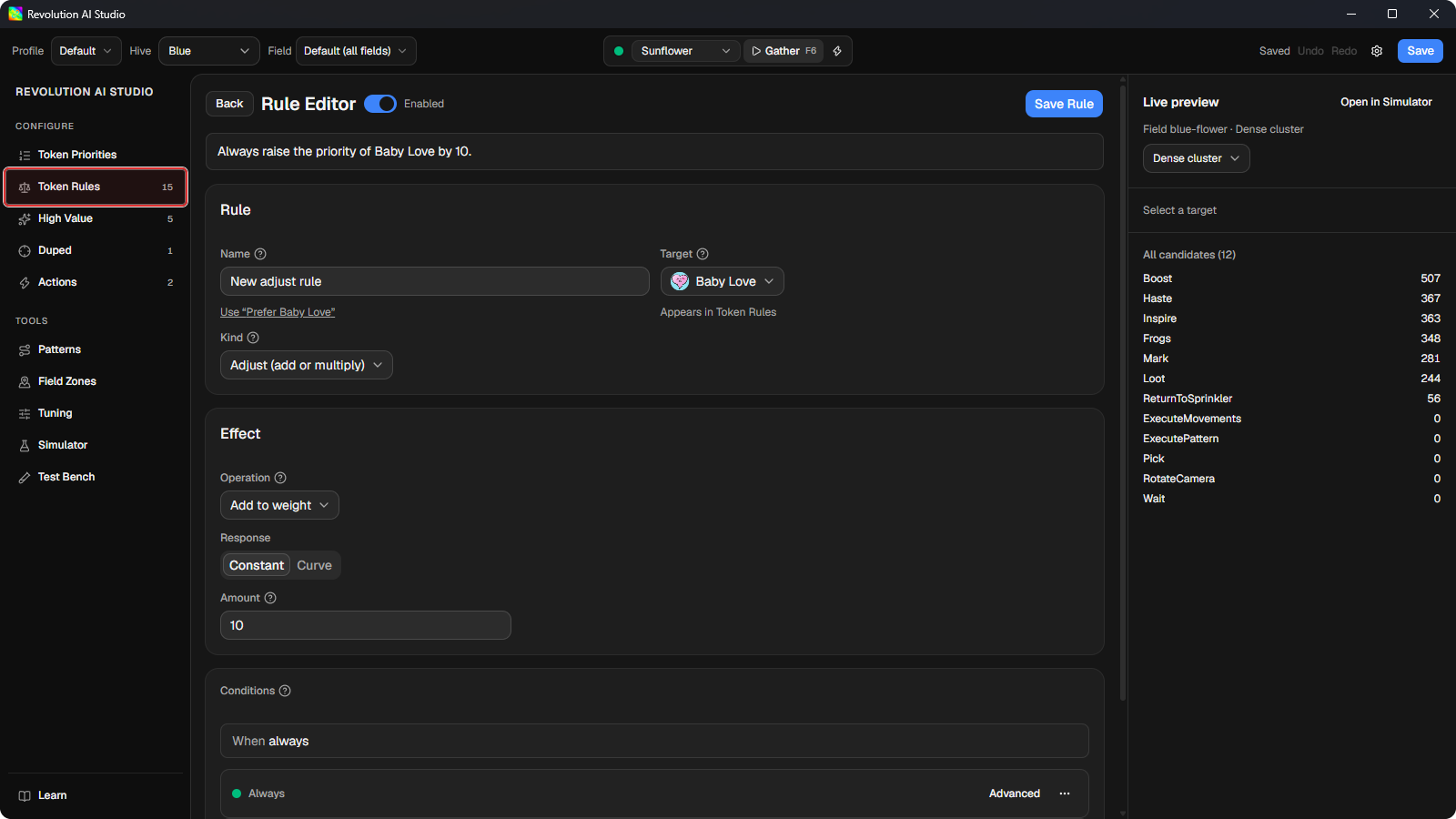 Token Rules rule editor open on a new draft