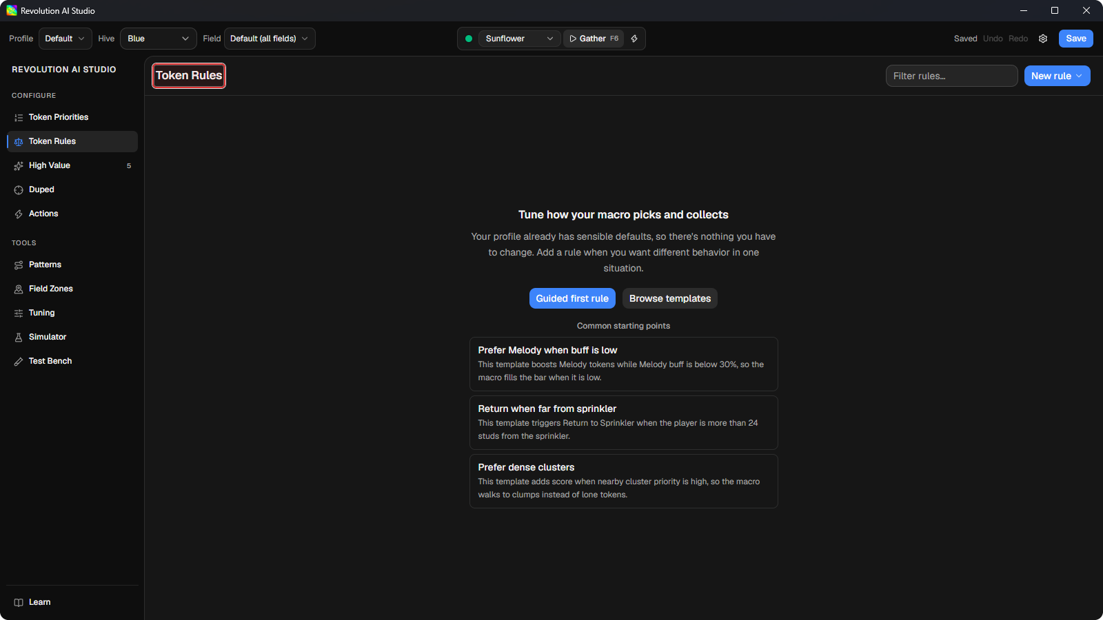 Token Rules welcome panel on an empty profile
