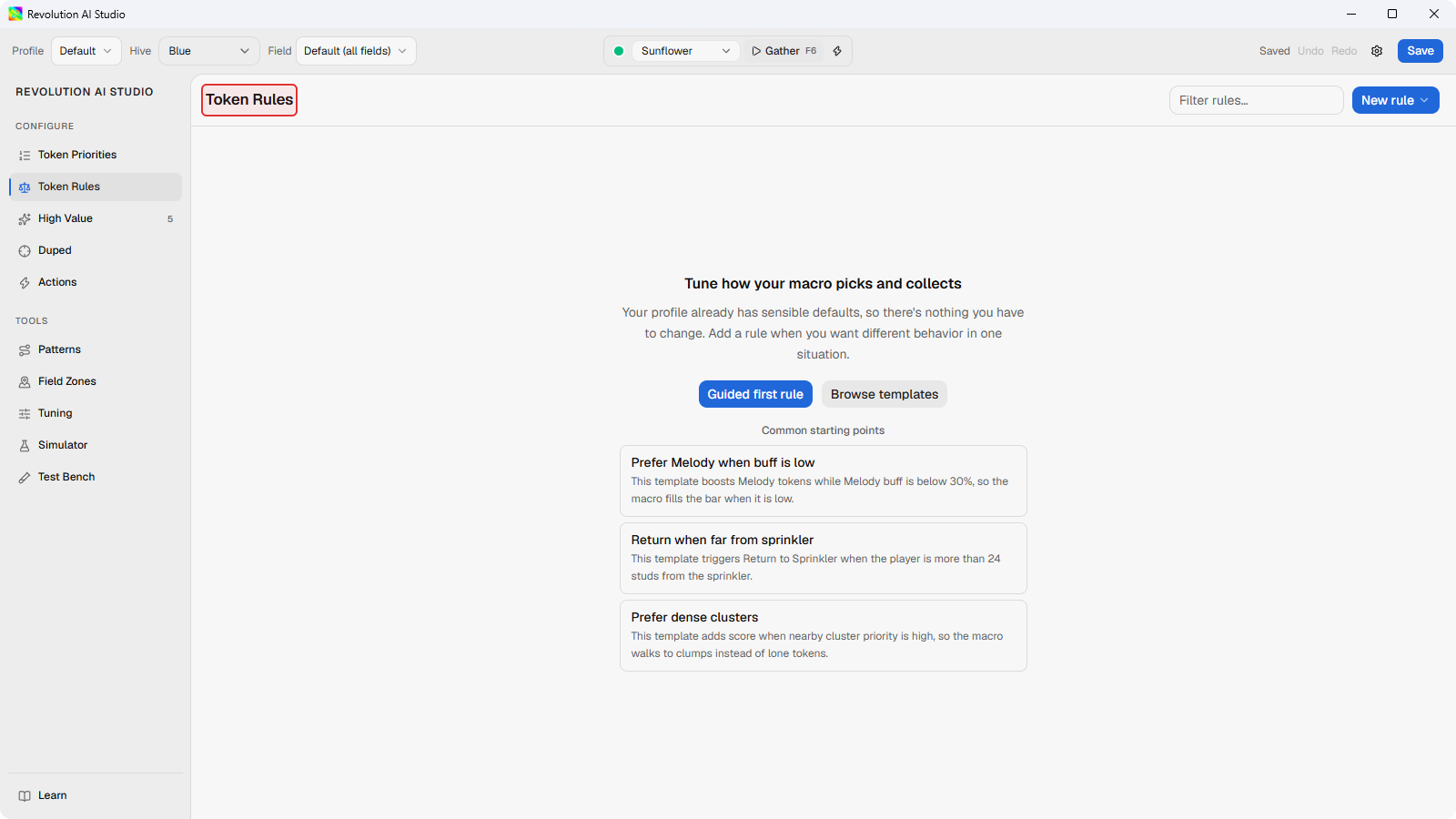 Token Rules welcome panel on an empty profile