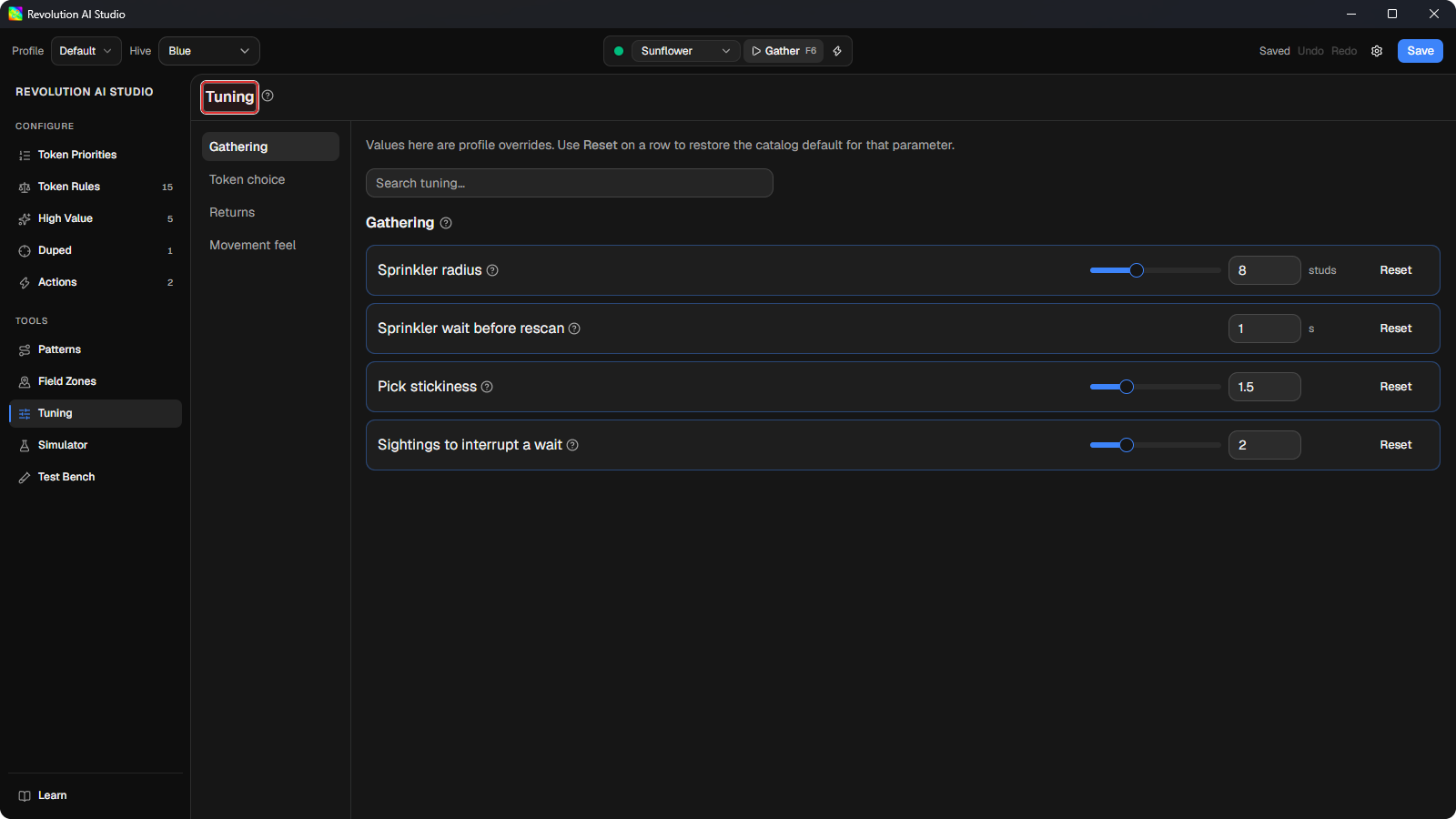 Tuning page open under Tools