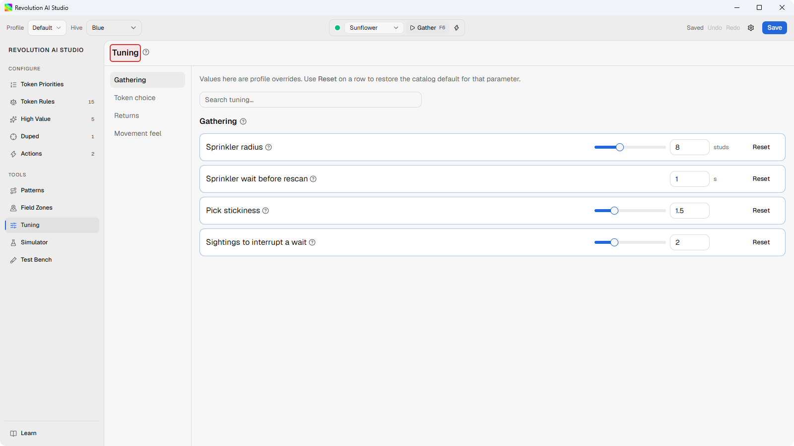 Tuning page open under Tools