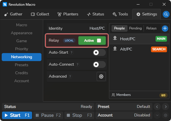 Networking relay showing connected accounts