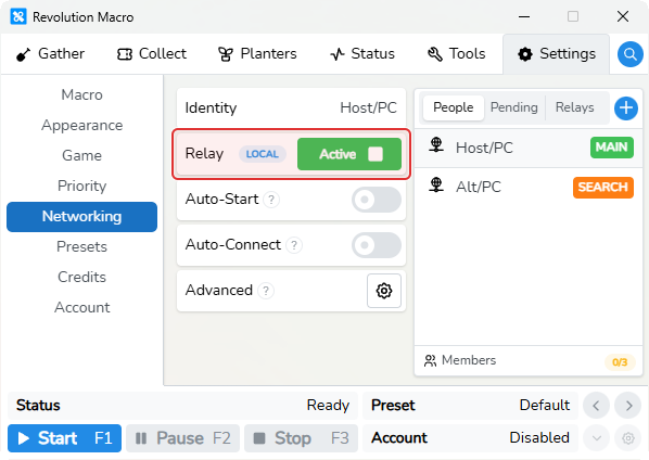 Networking relay showing connected accounts