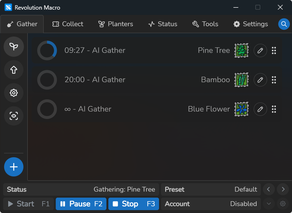 Revolution Macro Gather tab with three AI Gather fields, gathering Pine Tree