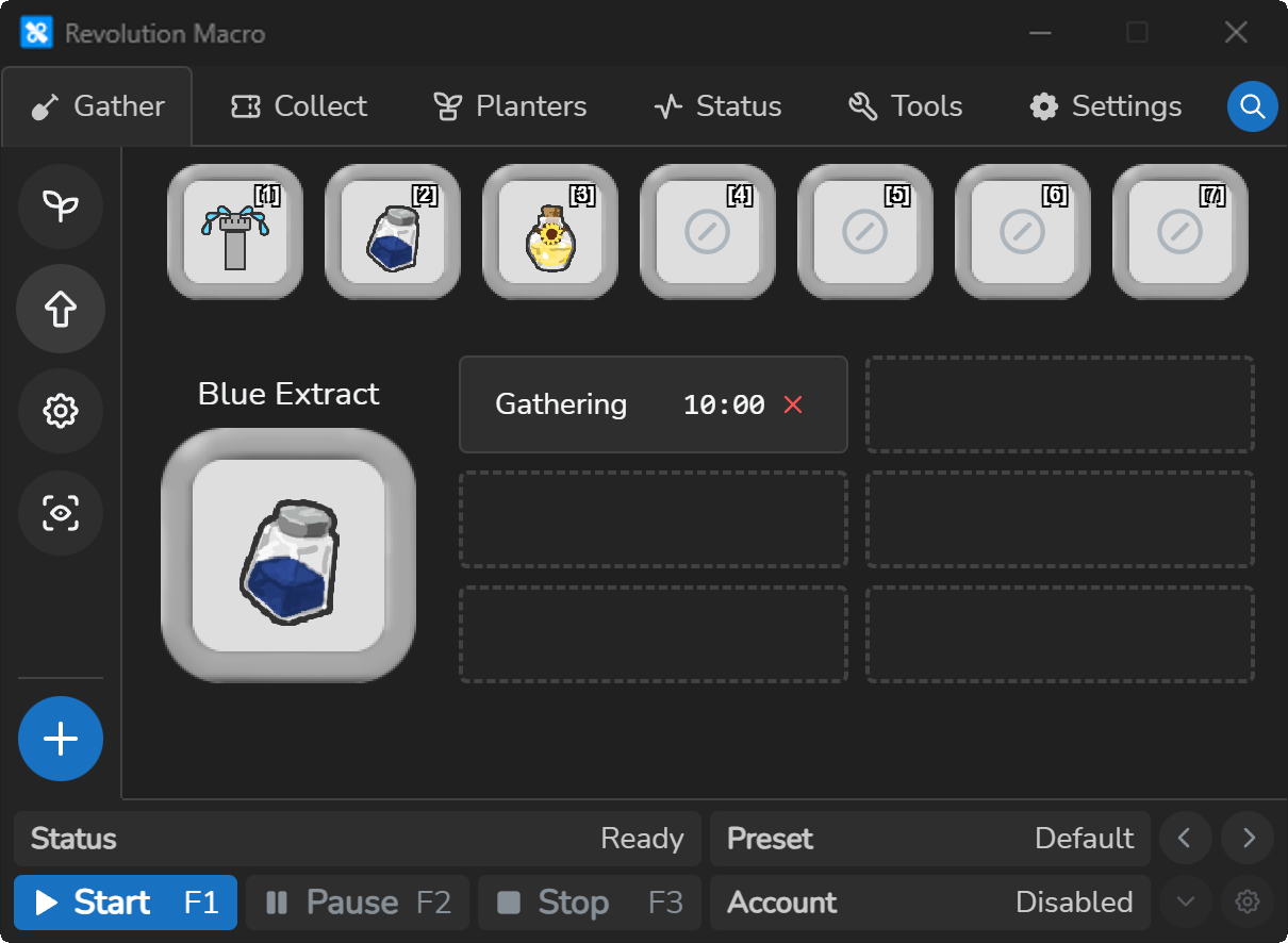 Gather Boosts tab with Blue Extract selected and a 10:00 timer