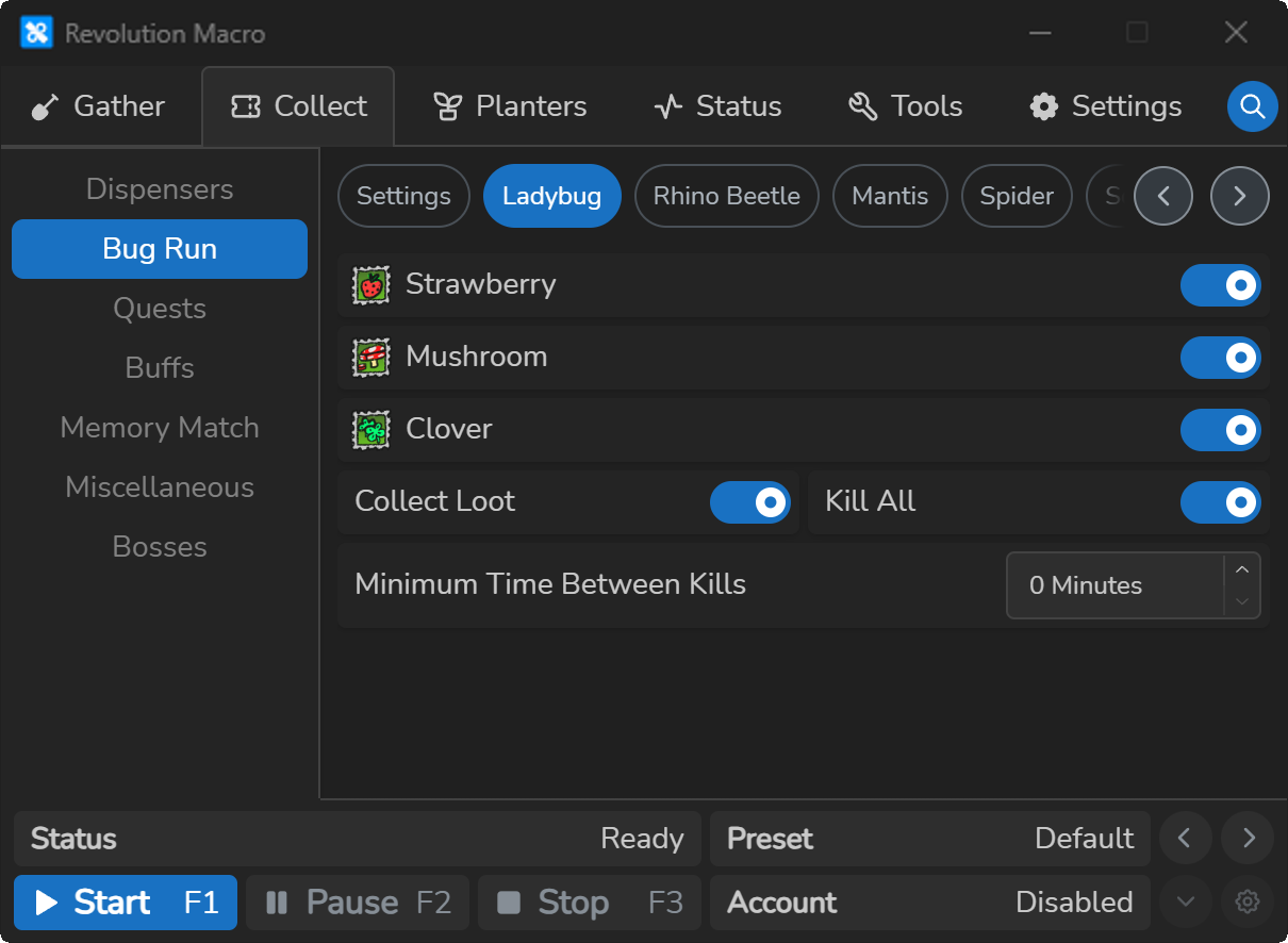 Bug Run settings for Ladybug with field switches, Kill All, and Collect Loot on