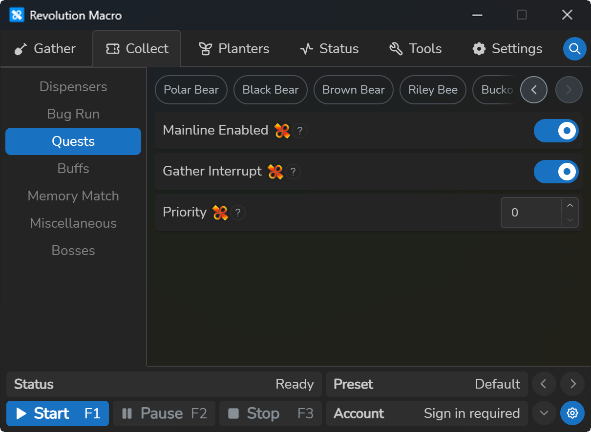 Quests settings on the Mainline tab with Mainline Enabled and Gather Interrupt on