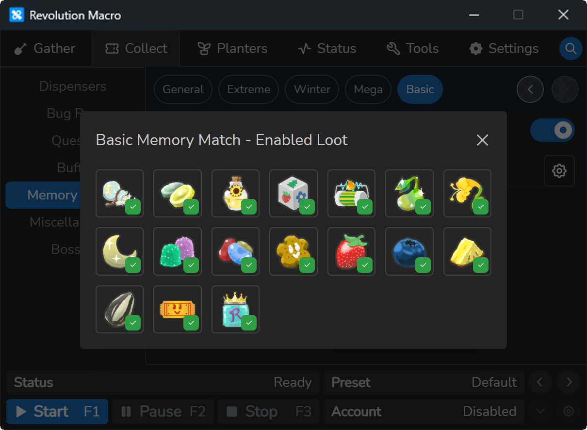 Basic Memory Match enabled loot grid