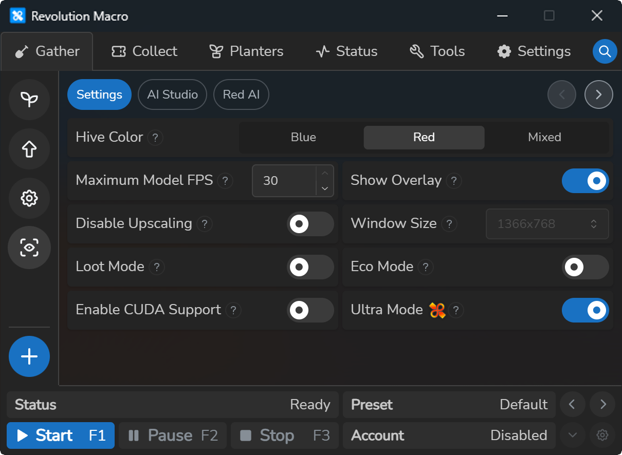 AI Gather settings with Hive Color Red and Ultra Mode on