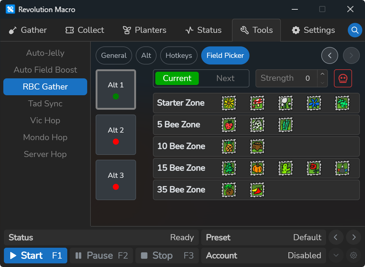 RBC Gather Field Picker with Alt 1 selected and the field grid by bee zone