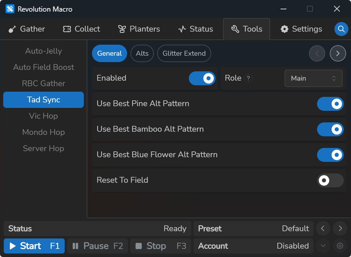 Tad Sync settings with Enabled on and role set to Main