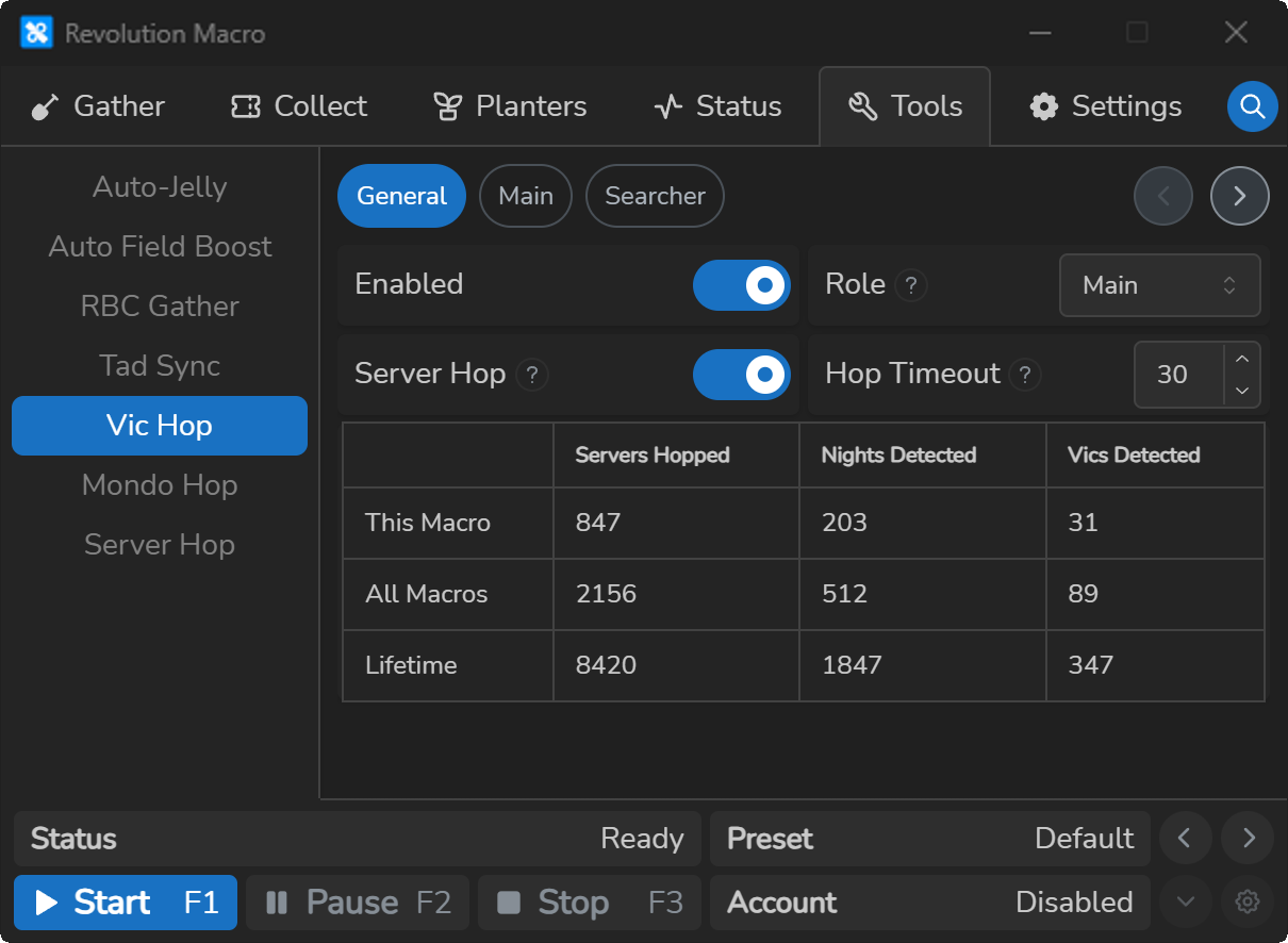 Vic Hop settings with Enabled on, role set to Main, and Server Hop on